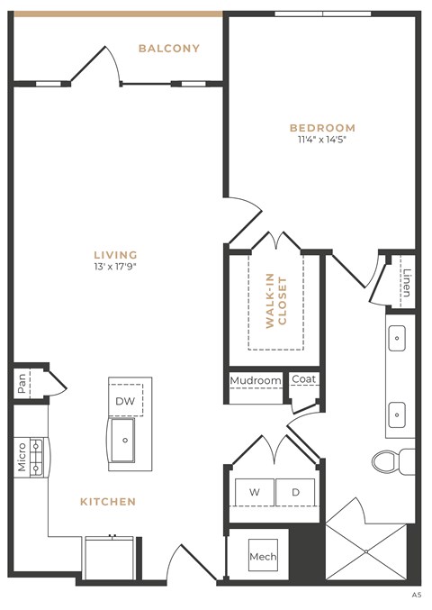 Floor plan for 1 bed, 1 bath, 873 sqft